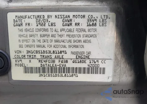 2003 Nissan Sentra Gxe/Xe из США, поврежденный, VIN 3N1CB51D53L811891